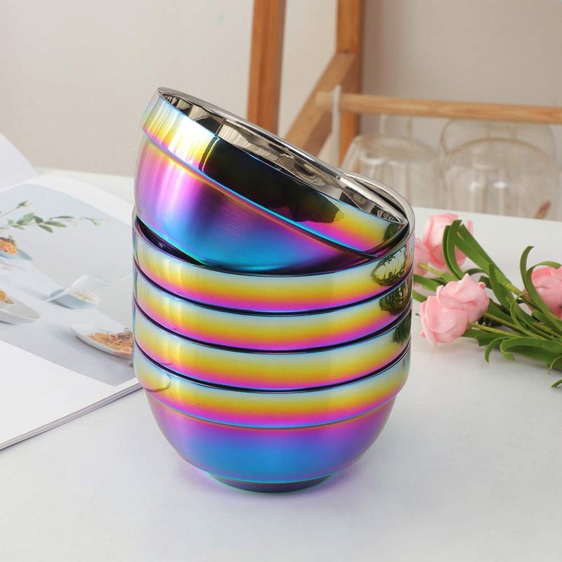 BISDARUN Large Rainbow 304 Stainless Steel Bowl Set of 4, Double-Walled Heat Insulation Anti-Scalding Kitchen Soup Bowls, Drop Resistance Children Bowl Salad Bowl Set for Mixing (5.1 Inches Diameter) - Image 5